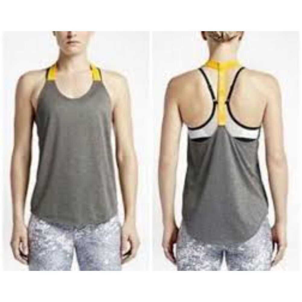 Nike Dri Fit Just Do It Racerback Tank Loose Large Heather Gray Yellow